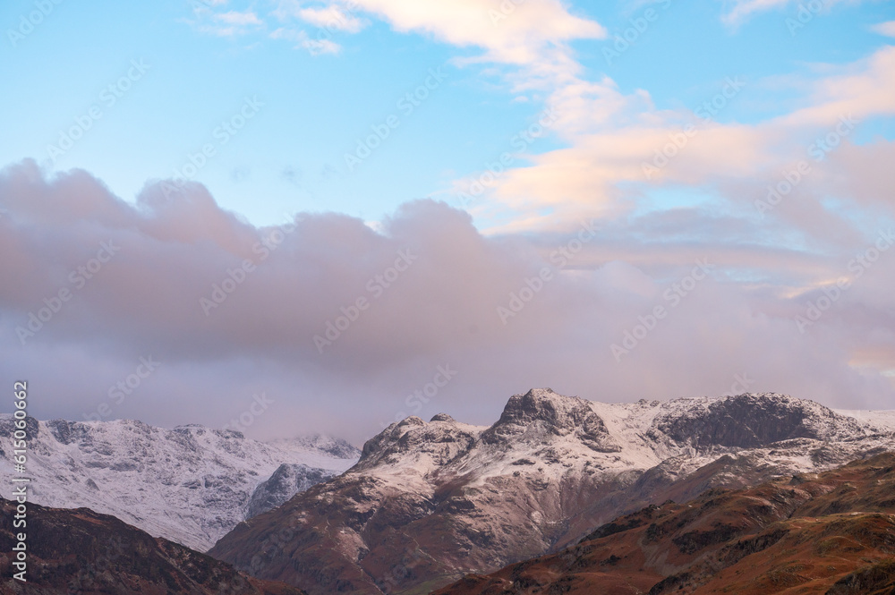 Snow covered fells around the Langdale Valley, English Lake District