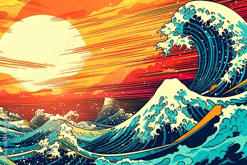 Tsunami pop art create a visual of a towering tsunami photo