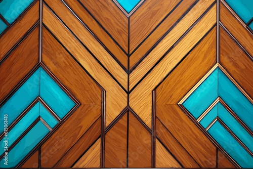 Vector Art Deco parquet panel with a wood texture and, turquoise and azure inlays background wallpaper.