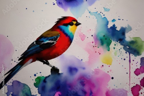 watercolor bird on a branch, generative ai © drimerz