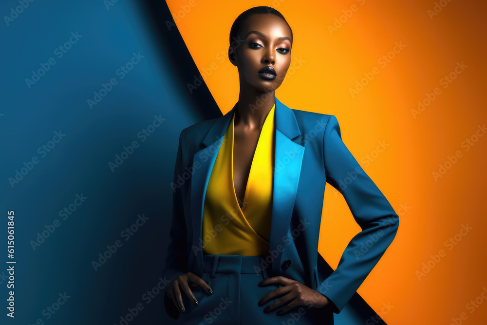 Beauty young african american girl in fashion clothing posing colorful background. Generative AI Beauty young african american girl in fashion clothing posing colorful background. Generative AI