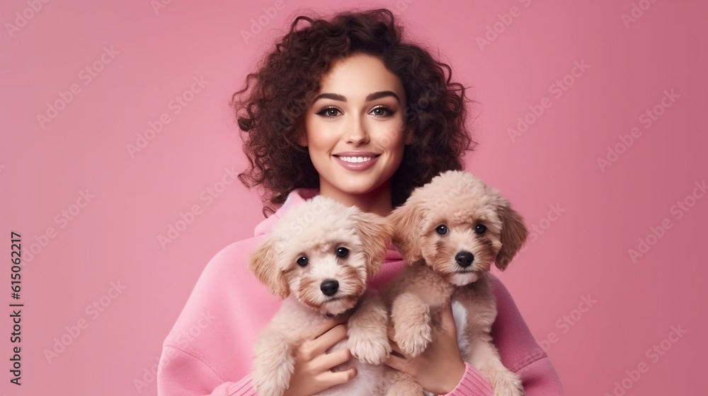 Smiling woman hugging cute puppies, isolated on the pink banner, copy space, AI-generated Smiling woman hugging cute puppies, isolated on the pink banner, copy space, AI-generated
