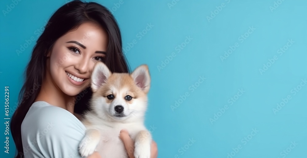 Smiling woman hugging Shiba inu puppy isolated on the blue banner, copy space, ai generated Smiling woman hugging Shiba inu puppy isolated on the blue banner, copy space, ai generated