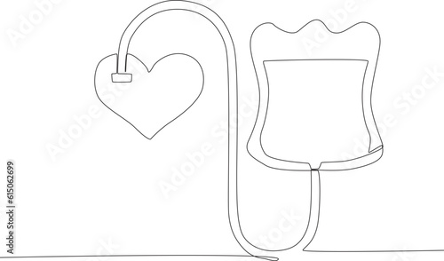 Single continuous line drawing blood donor from blood bag to hearth. blood donor day concept