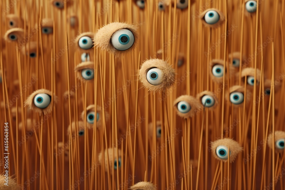 Fototapeta premium Weird background with many eyes on thin straws Generative AI
