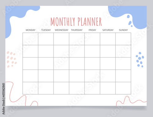Monthly planner worksheet design template. Blank printable goal setting sheet. Time management sample. Scheduling page for organizing personal tasks. Amatic SC Bold, Oxygen Regular fonts used