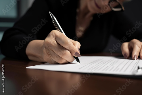 Business, law concept. Close-up human hands view of businesswoman signing documents. Model with formal classic clothing. Dark background with copy space. Generative AI