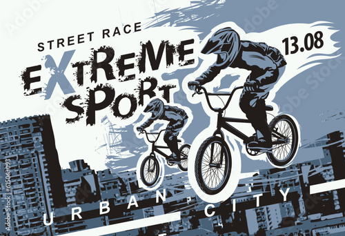 Vector banner or flyer with cyclist on the bike and words Extreme sport on the urban background. Poster for street race, bicycle club, extreme sports in modern style