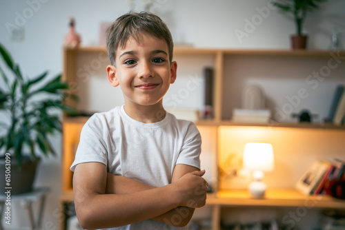 One boy child happy caucasian preschooler portrait stand at home