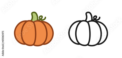 Cute pumpkin cartoon colored and outline line art icon logo set. Vector illustration for coloring page and art books for adults and kids.