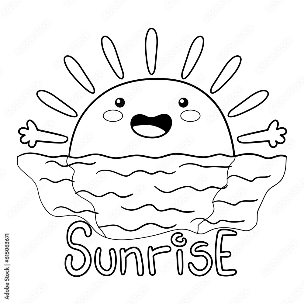 Φωτογραφία Illustration in black and white of the sun smiling, sunrise in the sea, coloring