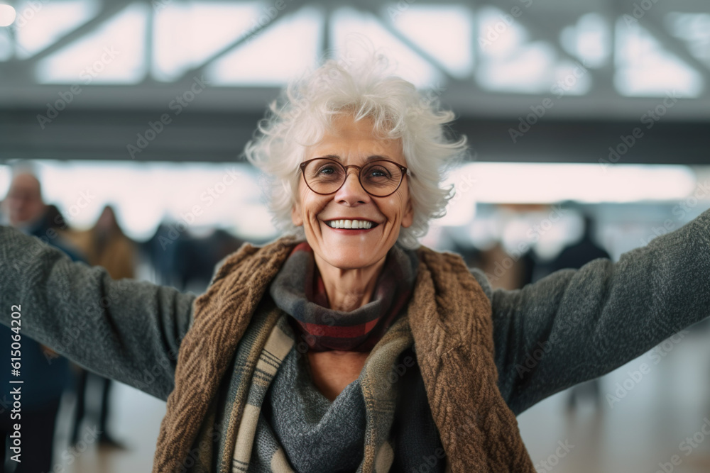 Image of very happy old woman at airport terminal Image of very happy old woman at airport terminal