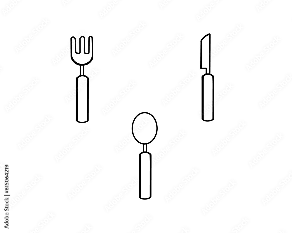 ภาพประกอบสต็อก fork spoon and knife, icon set Hand drawn Outline Simple ...