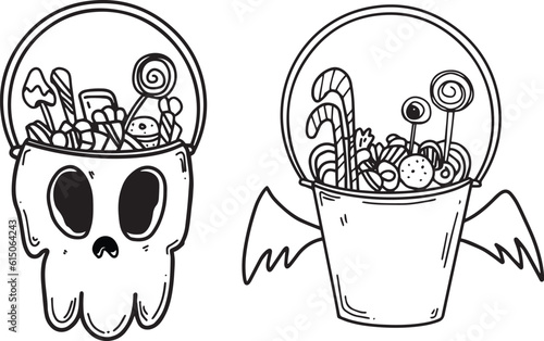 Bucket filled with sweet candy cartoon icon set Hand drawn Outline Simple vector illustration 
