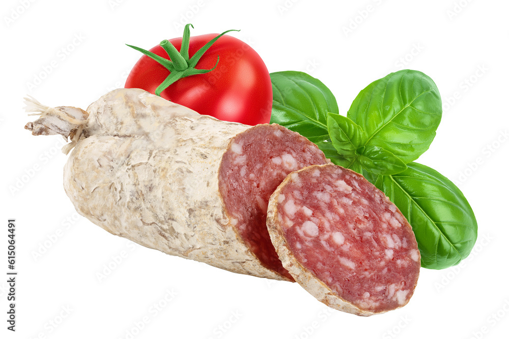 Cured salami sausage isolated on white background. Italian cuisine with full depth of field Cured salami sausage isolated on white background. Italian cuisine with full depth of field