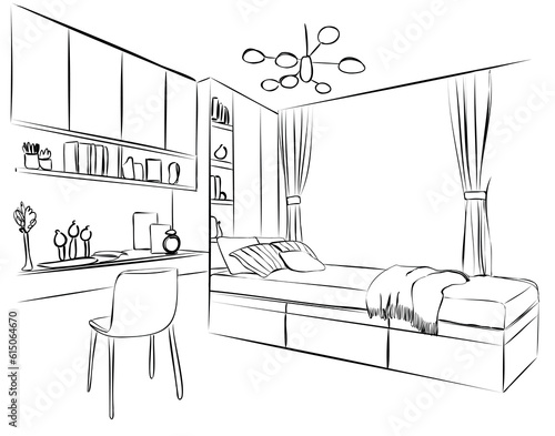 Children room graphic black white interior sketch illustration vector