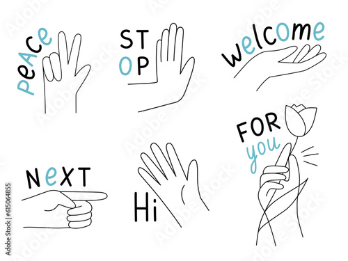 Different hand gestures with lettering. Vector design set in a cute line style