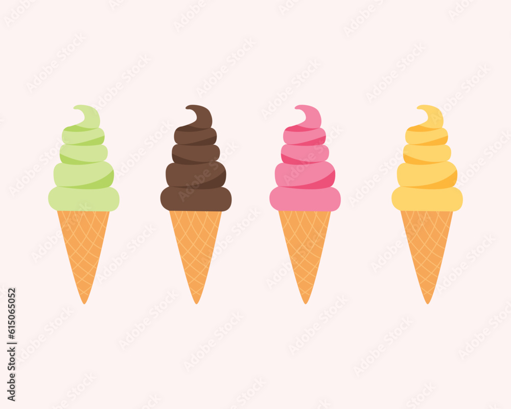 Set of different taste ice creams in a waffle cone isolated background. Ice cream elements for game. Vector cartoon flat illustration Set of different taste ice creams in a waffle cone isolated background. Ice cream elements for game. Vector cartoon flat illustration