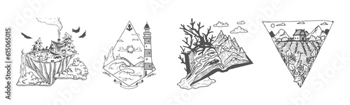 Handdrawn landscape illustration, Nature artwork, Mountains, Drawing, Nature design, Tattoo handdrawn