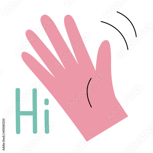 Modern pink sticker with greeting hand gesture and hi messege.Vector illustration in a cute flat style