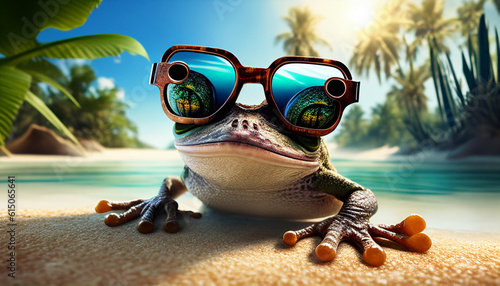 Tropischer Frosch mit Sonnenbrille am Strand unter Palmen im Urlaub digital Vorlage Motiv lustig für Grußkarte Reiseveranstalter Generative AI 