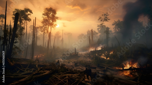 A lush forest devastated by deforestation, with charred tree stumps and smoke rising from the ashes