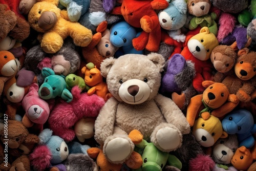 Cuddly bear surrounded by a rainbow of colorful stuffed animal toys