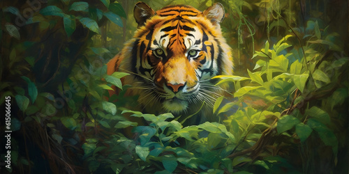A majestic Bengal Tiger emerges from the lush green foliage of an ancient rainforest  its striking orange fur contrasting against the vibrant shades of the surrounding leaves