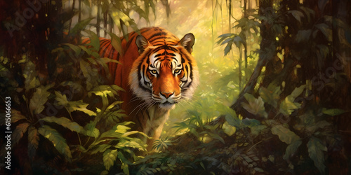 A majestic Bengal Tiger emerges from the lush green foliage of an ancient rainforest, its striking orange fur contrasting against the vibrant shades of the surrounding leaves