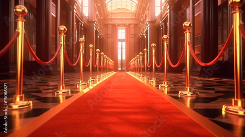 Red Carpet hallway with barriers and red ropes for Cinema and Fashion awards, a ceremony for celebrities persons. Generative AI