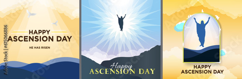 Ascension of Jesus Christ to Heaven concept set. Happy Ascension day greeting cards. Square Format. Editable vector illustrations. Warm and cool colors.