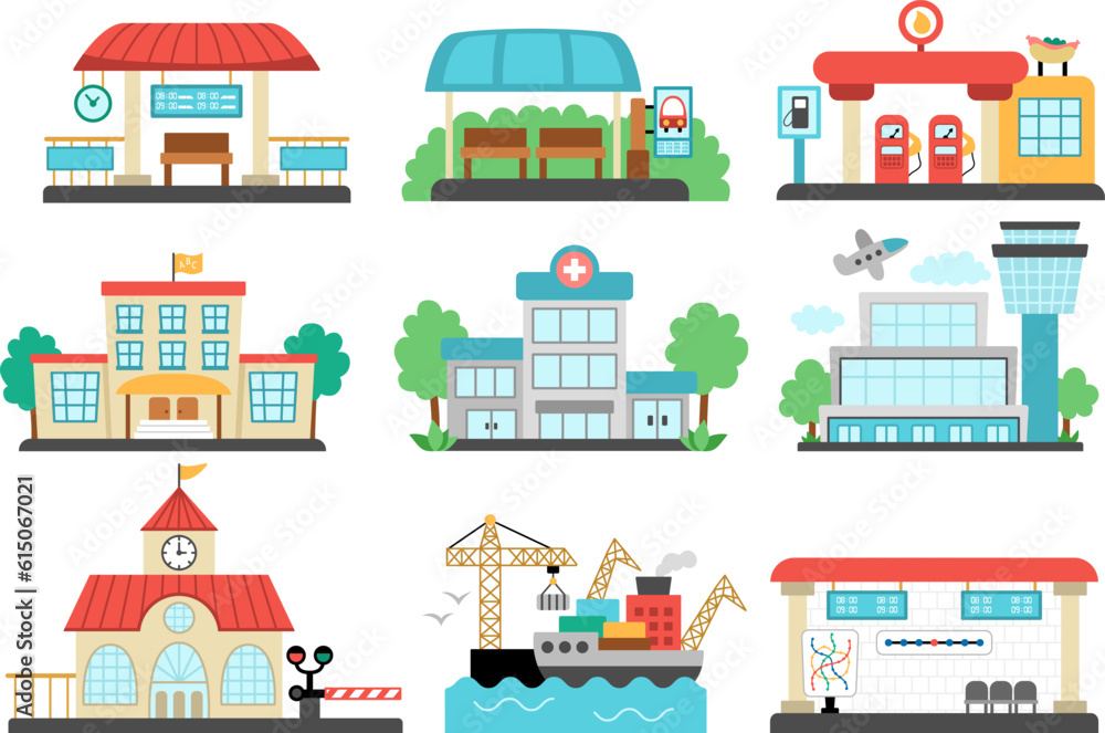 Vector city transportation places set. Bus stop, metro, railway, gas station clipart. Cute flat hospital, school, airport, seaport icons. Funny public transport destination points for town map.