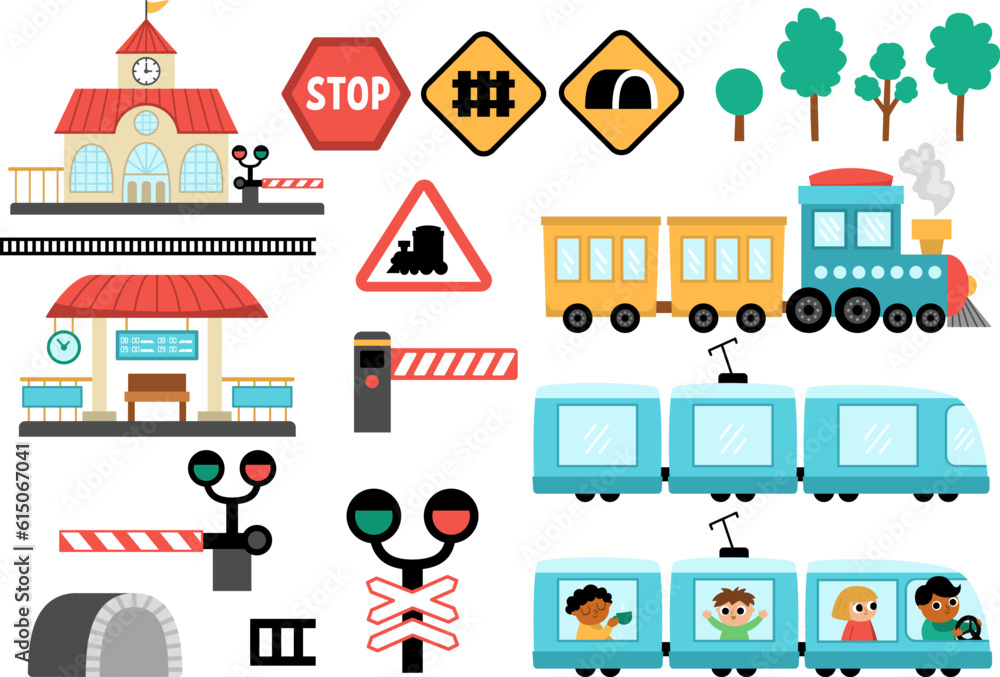 Vector railway transport set. Funny railroad transportation collection with train, steam train, tunnel, road signs, railway station clip art for kids. Cute rail vehicles icons with semaphore, barrier.