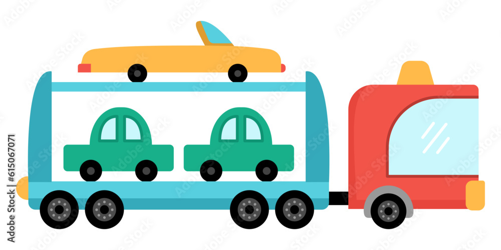 Fototapeta premium Vector car carrier car. Funny automobile for kids. Cute vehicle clip art. Retro lorry transport icon isolated on white background. Transporter or truck picture.