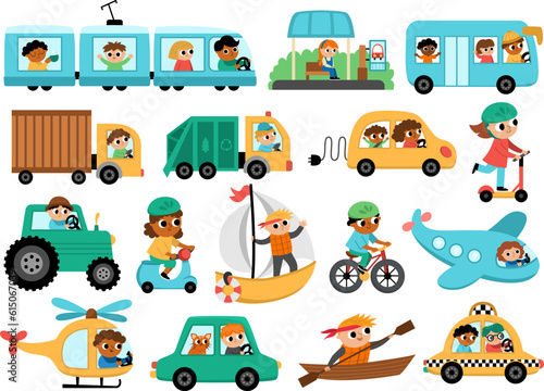 Vector transportation set with children. Funny water, land, air transport collection with drivers for kids. Cars and vehicles clip art. Cute car, train, truck, bus, plane, icons with passengers.