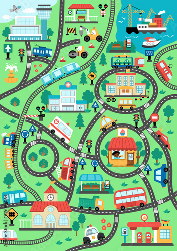 City transport map. Background with railway, roads, traffic signs for kids. Vector infographic elements with train, cars, tram, truck. Urban plan with airport, seaport, bus stops, gas station, cafe.