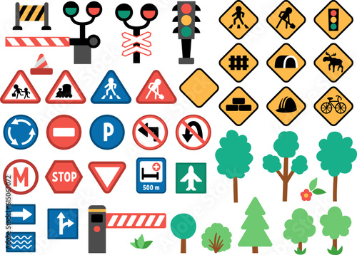 Vector road signs set. Railway and traffic street icons collection with barrier, semaphore, construction works cone. Cute highway rules clipart with trees, traffic lights
