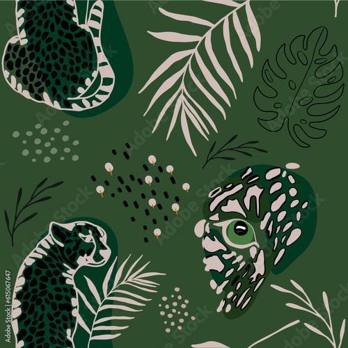 Leopard seamless pattern with floral elements vector © Sviatlana