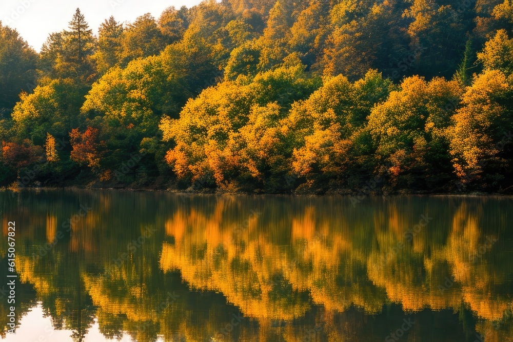 autumn trees reflected in water, generative ai