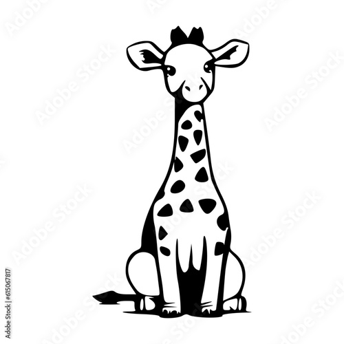 Cute sitting giraffe black outlines monochrome vector illustration