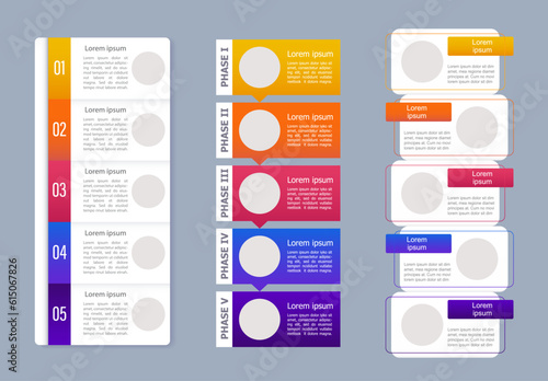 Multicolor vertical analytic data infographic chart design template set. Abstract infochart kit with copy space. Instructional graphics with 5 step sequence. Visual data presentation
