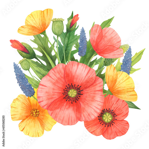 Watercolor illustration wild flowers arrangement © Alex Pictures