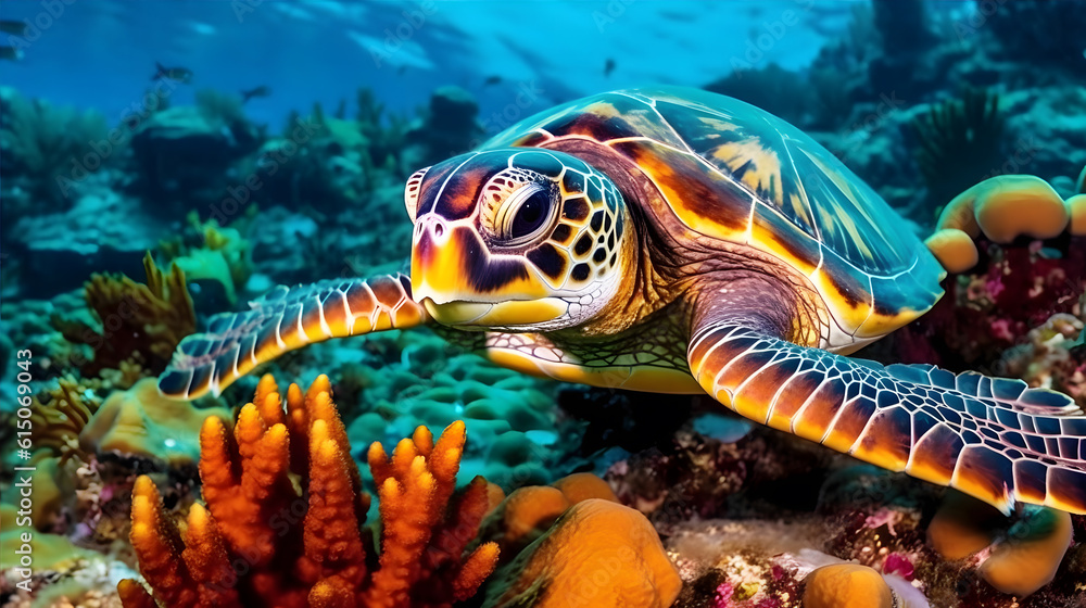 Nestled within a vibrant coral reef, a majestic Hawksbill Sea Turtle glides effortlessly through crystal-clear turquoise waters Nestled within a vibrant coral reef, a majestic Hawksbill Sea Turtle glides effortlessly through crystal-clear turquoise waters