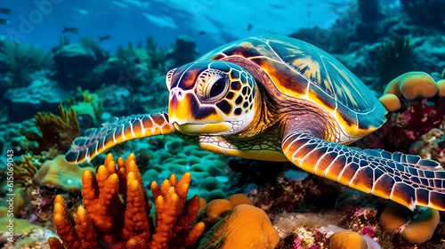 Nestled within a vibrant coral reef, a majestic Hawksbill Sea Turtle glides effortlessly through crystal-clear turquoise waters