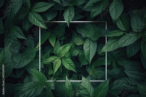Top view of closeup designs of nature frame with decorative plants on green leaf background for spring and summer in forest setting with copy space
