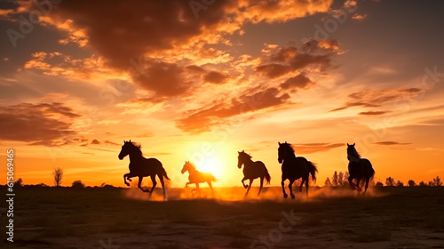 Wide - angle photo portrait silhouette of horses running on plains  the sun is setting  silhouette of running stallions  wild horses running  dusk and sunse. Generative AI