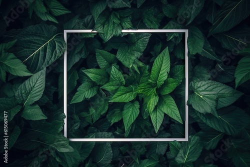 Top view of closeup designs of nature frame with decorative plants on green leaf background for spring and summer in forest setting with copy space