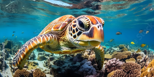 Nestled within a vibrant coral reef  a majestic Hawksbill Sea Turtle glides effortlessly through crystal-clear turquoise waters