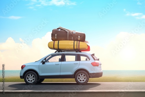 Cars carrying holiday baggage and suitcases on the roof ready for holiday and family vacation. Travel concept.