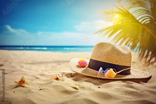 Hat and sunglasses on the sand at a tropical beach. Travel concept